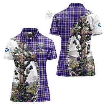 Ochterlony Tartan Women's Polo Shirt with Family Crest and St. Andrew's Cross Accented by Thistle Vines