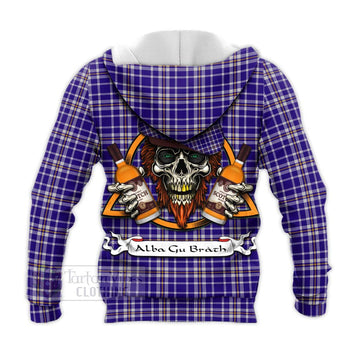 Ochterlony Tartan Knitted Hoodie with Family Crest and Bearded Skull Holding Bottles of Whiskey