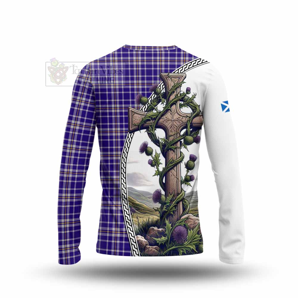 Tartan Vibes Clothing Ochterlony Tartan Long Sleeve T-Shirt with Family Crest and St. Andrew's Cross Accented by Thistle Vines