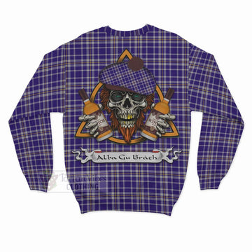 Ochterlony Tartan Sweatshirt with Family Crest and Bearded Skull Holding Bottles of Whiskey