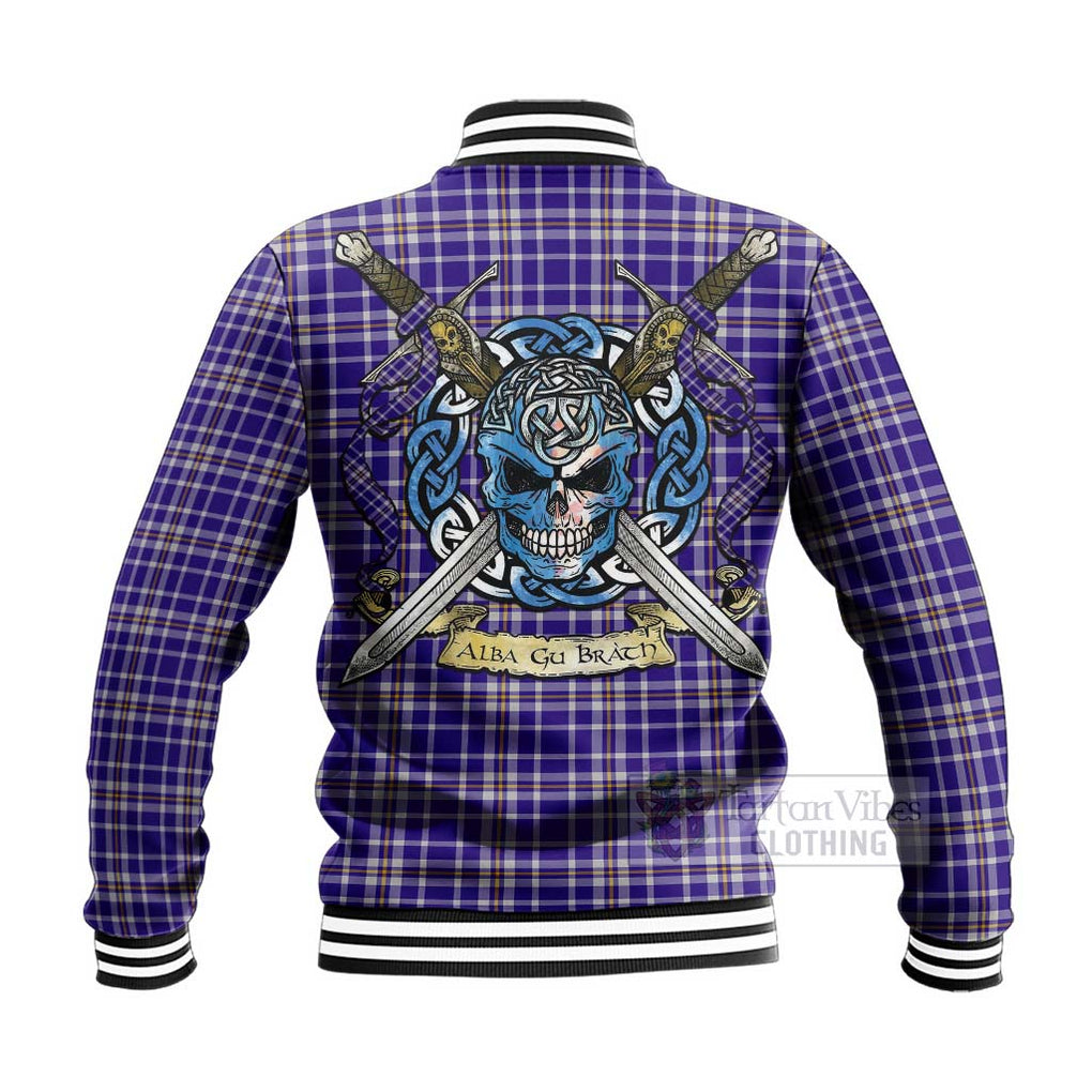 Tartan Vibes Clothing Ochterlony Tartan Baseball Jacket with Family Crest Celtic Skull Style