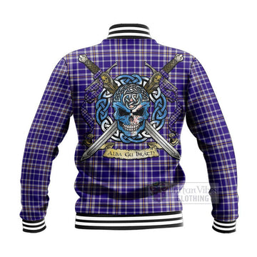 Ochterlony Tartan Baseball Jacket with Family Crest Celtic Skull Style