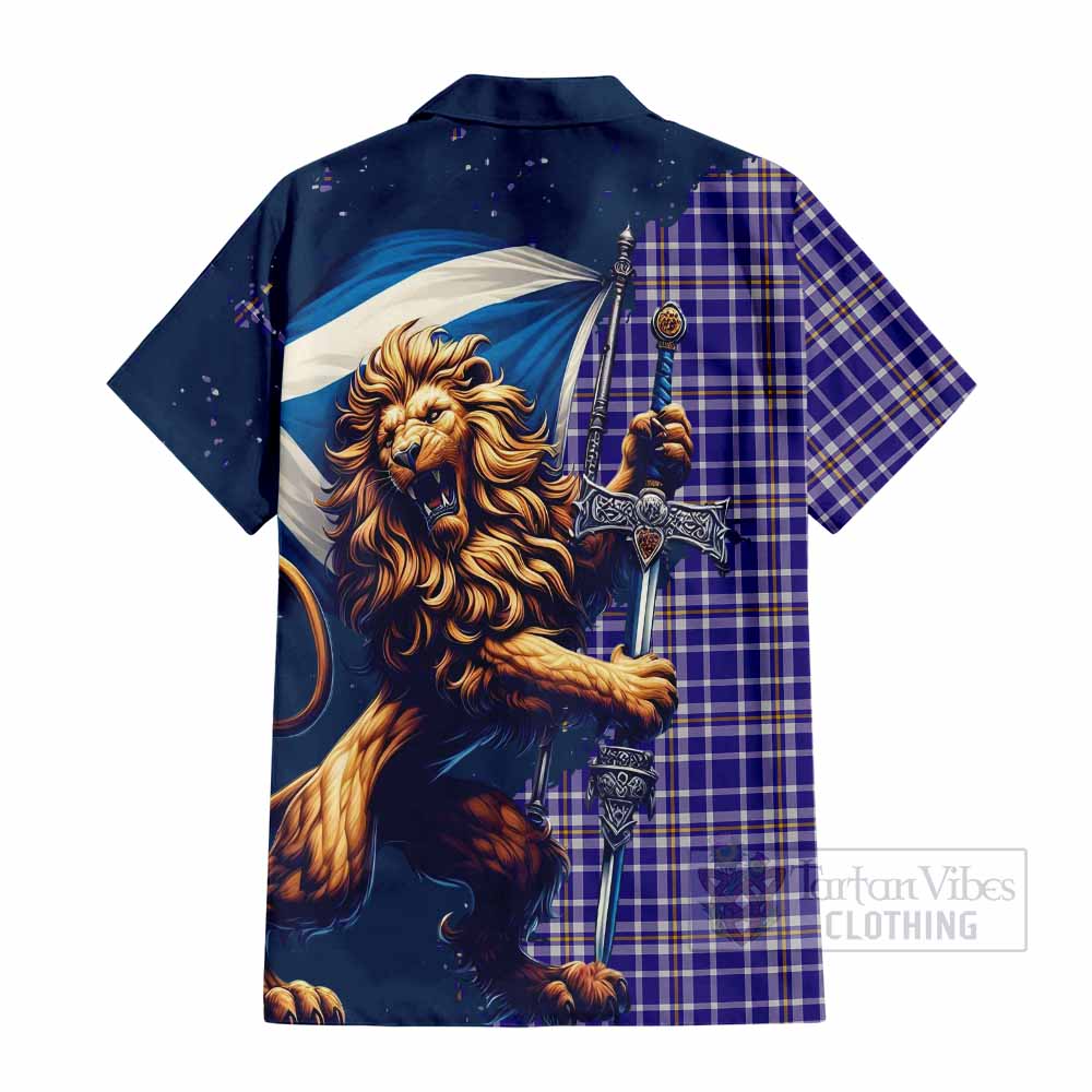 Tartan Vibes Clothing Ochterlony Tartan Family Crest Short Sleeve Button Shirt with Scottish Majestic Lion