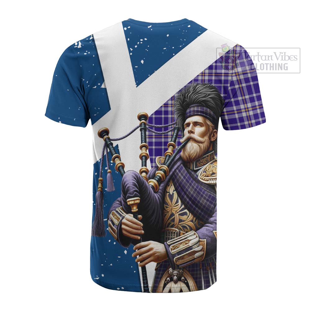 Tartan Vibes Clothing Ochterlony Tartan Cotton T-shirt with Family Crest Scottish Bagpiper Vibes