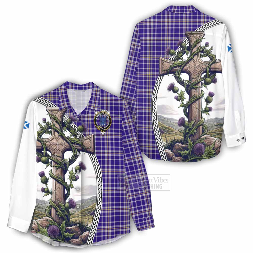 Tartan Vibes Clothing Ochterlony Tartan Women's Casual Shirt with Family Crest and St. Andrew's Cross Accented by Thistle Vines