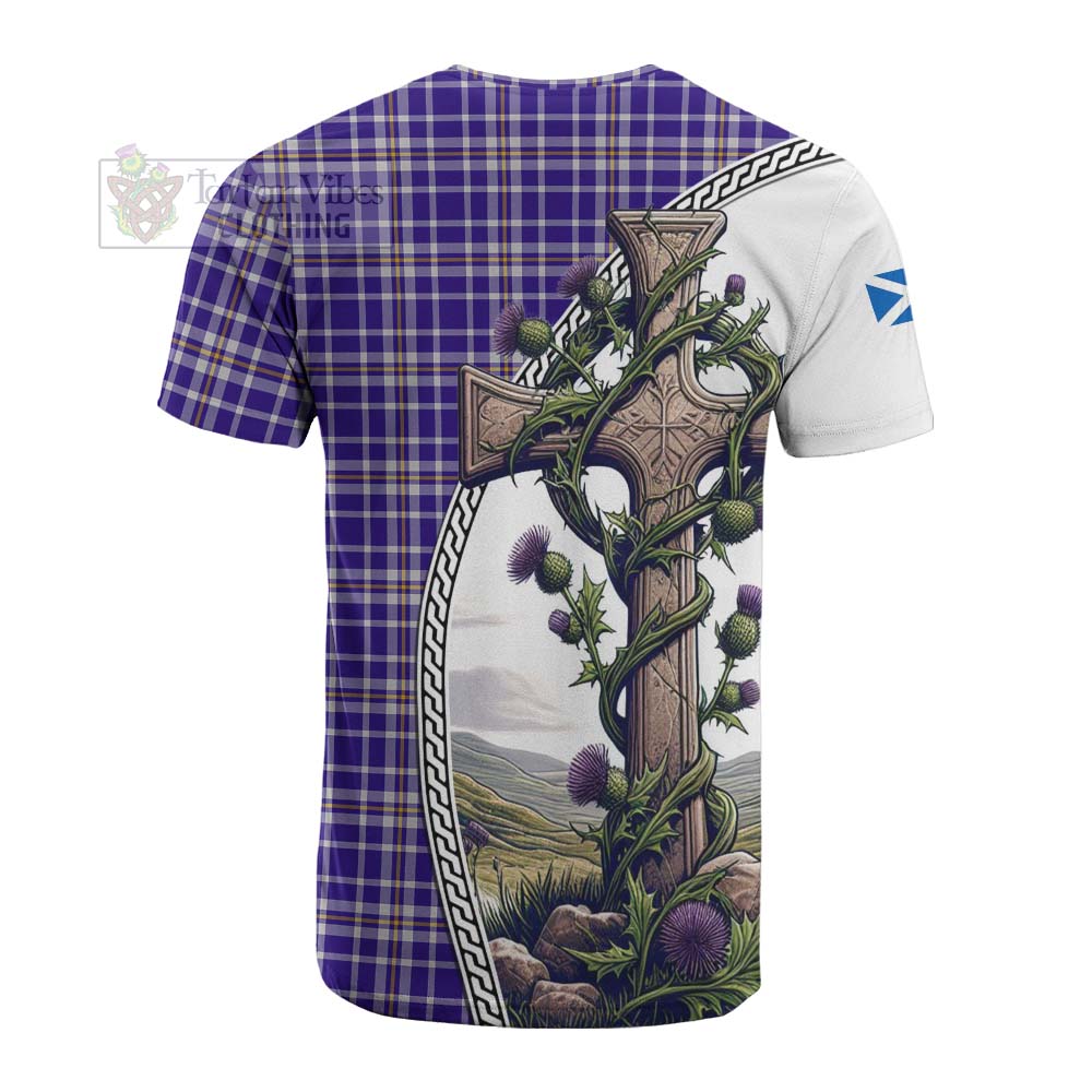 Tartan Vibes Clothing Ochterlony Tartan Cotton T-shirt with Family Crest and St. Andrew's Cross Accented by Thistle Vines