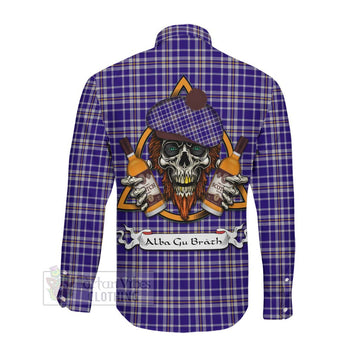 Ochterlony Tartan Long Sleeve Button Shirt with Family Crest and Bearded Skull Holding Bottles of Whiskey