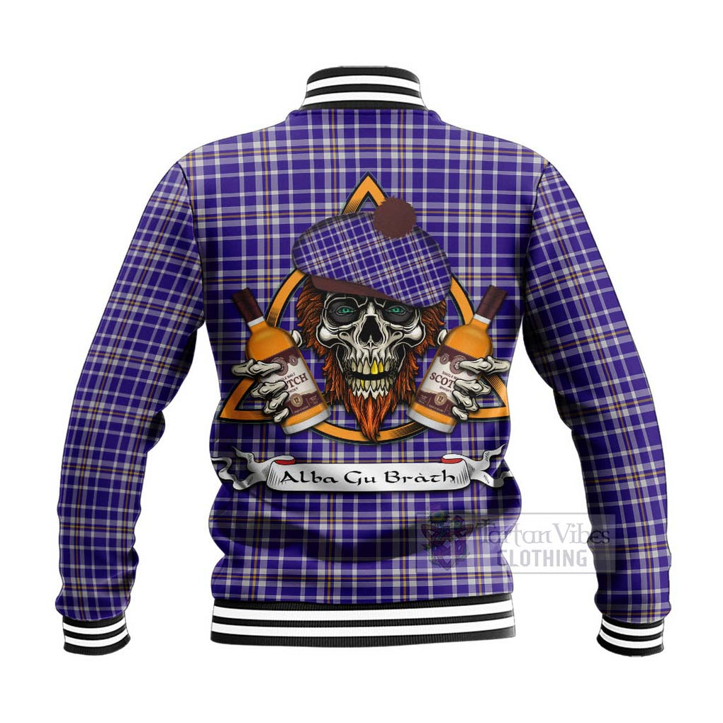 Tartan Vibes Clothing Ochterlony Tartan Baseball Jacket with Family Crest and Bearded Skull Holding Bottles of Whiskey