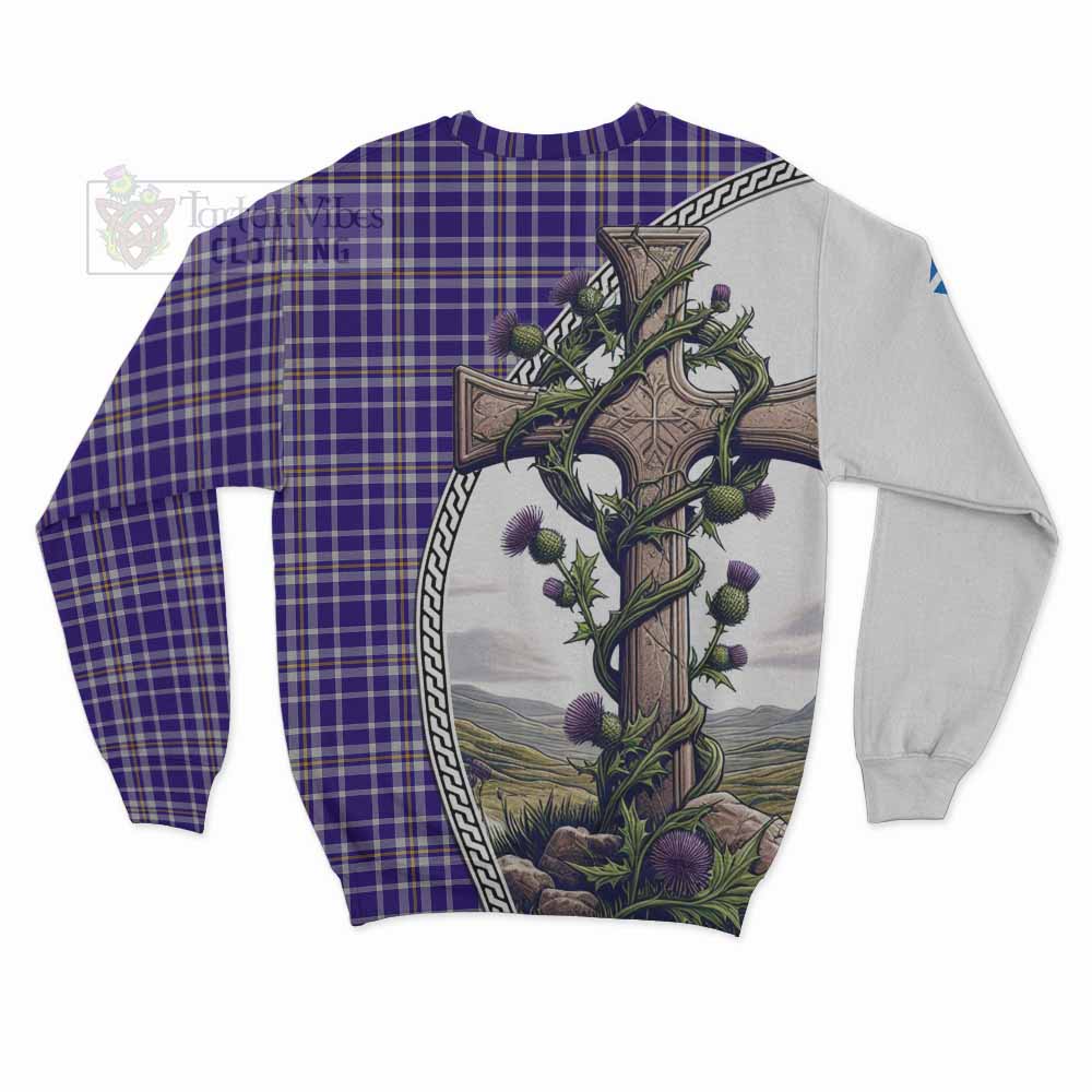 Tartan Vibes Clothing Ochterlony Tartan Sweatshirt with Family Crest and St. Andrew's Cross Accented by Thistle Vines