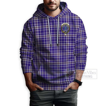 Ochterlony Tartan Hoodie with Family Crest and Bearded Skull Holding Bottles of Whiskey