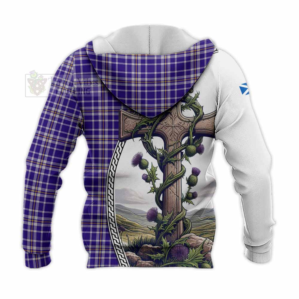 Tartan Vibes Clothing Ochterlony Tartan Knitted Hoodie with Family Crest and St. Andrew's Cross Accented by Thistle Vines