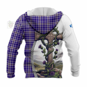 Ochterlony Tartan Knitted Hoodie with Family Crest and St. Andrew's Cross Accented by Thistle Vines