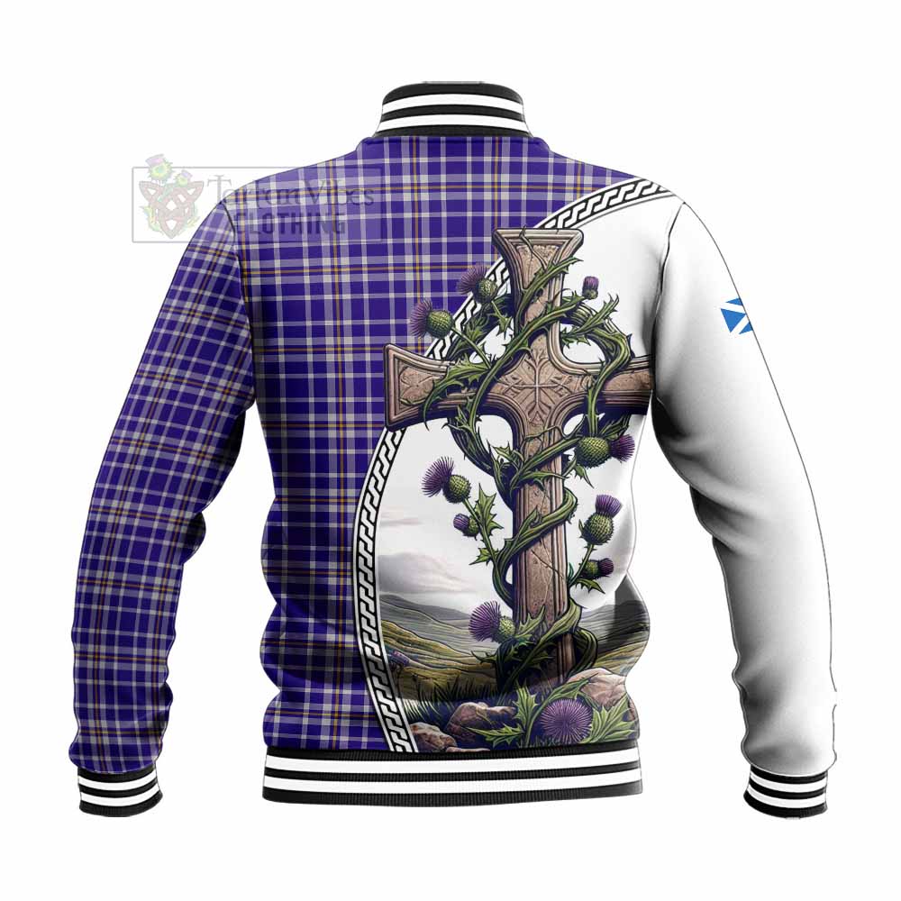 Tartan Vibes Clothing Ochterlony Tartan Baseball Jacket with Family Crest and St. Andrew's Cross Accented by Thistle Vines