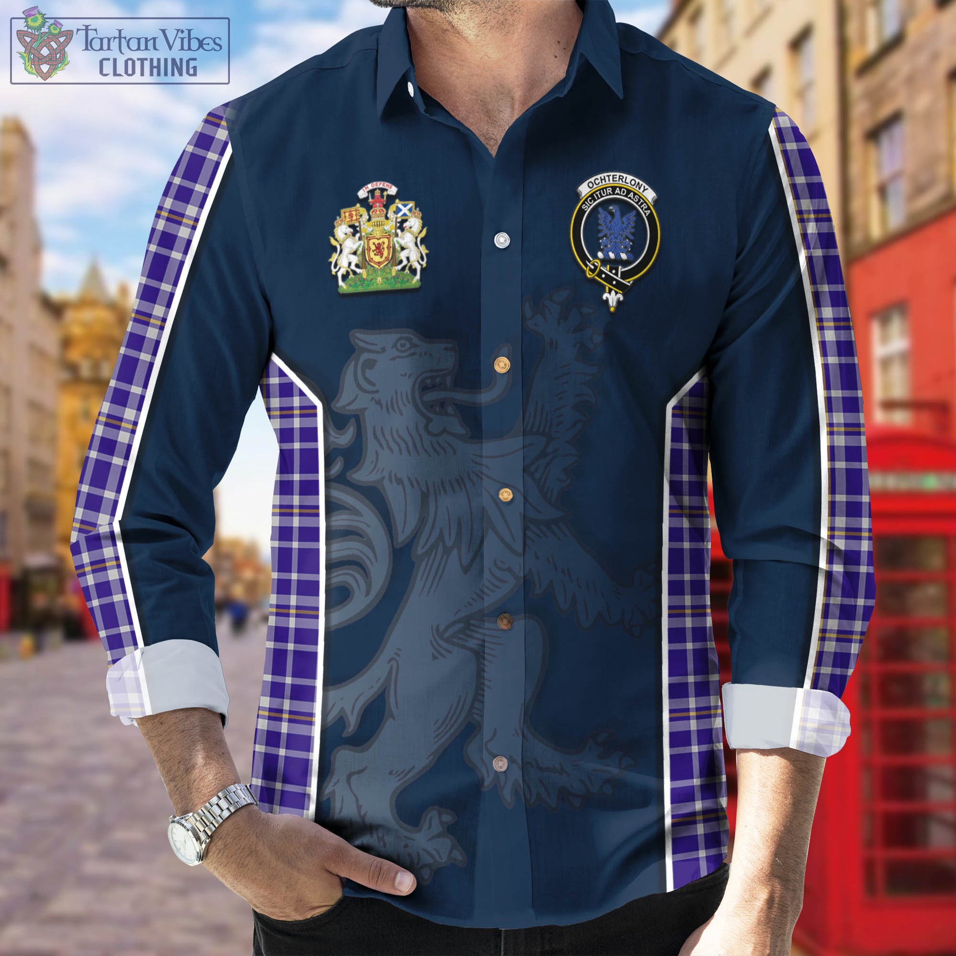 Ochterlony Tartan Long Sleeve Button Up Shirt with Family Crest and Lion Rampant Vibes Sport Style