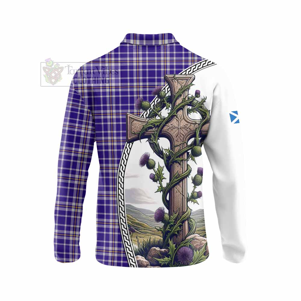 Tartan Vibes Clothing Ochterlony Tartan Long Sleeve Polo Shirt with Family Crest and St. Andrew's Cross Accented by Thistle Vines