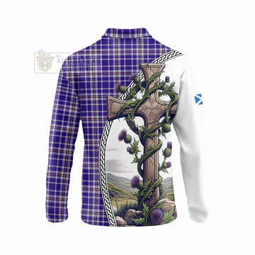 Ochterlony Tartan Long Sleeve Polo Shirt with Family Crest and St. Andrew's Cross Accented by Thistle Vines