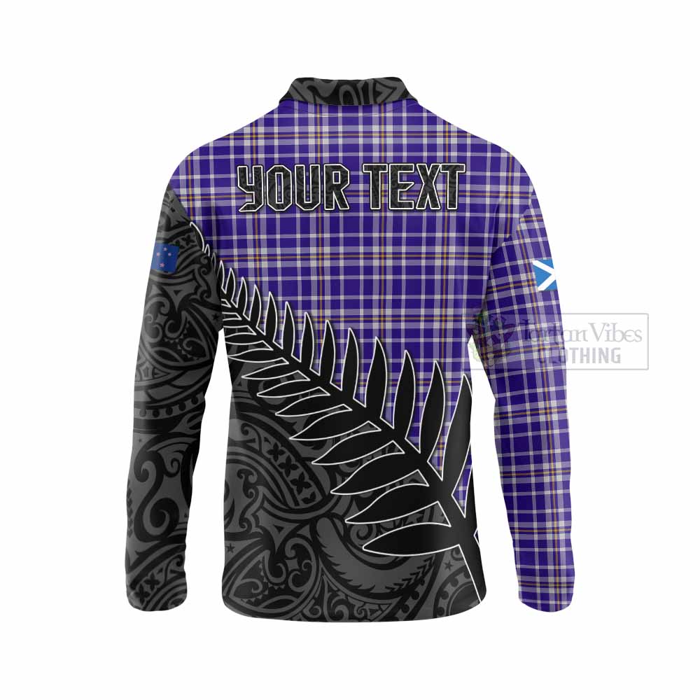 Tartan Vibes Clothing Ochterlony Crest Tartan Long Sleeve Polo Shirt with New Zealand Silver Fern Half Style