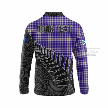 Ochterlony Crest Tartan Long Sleeve Polo Shirt with New Zealand Silver Fern Half Style