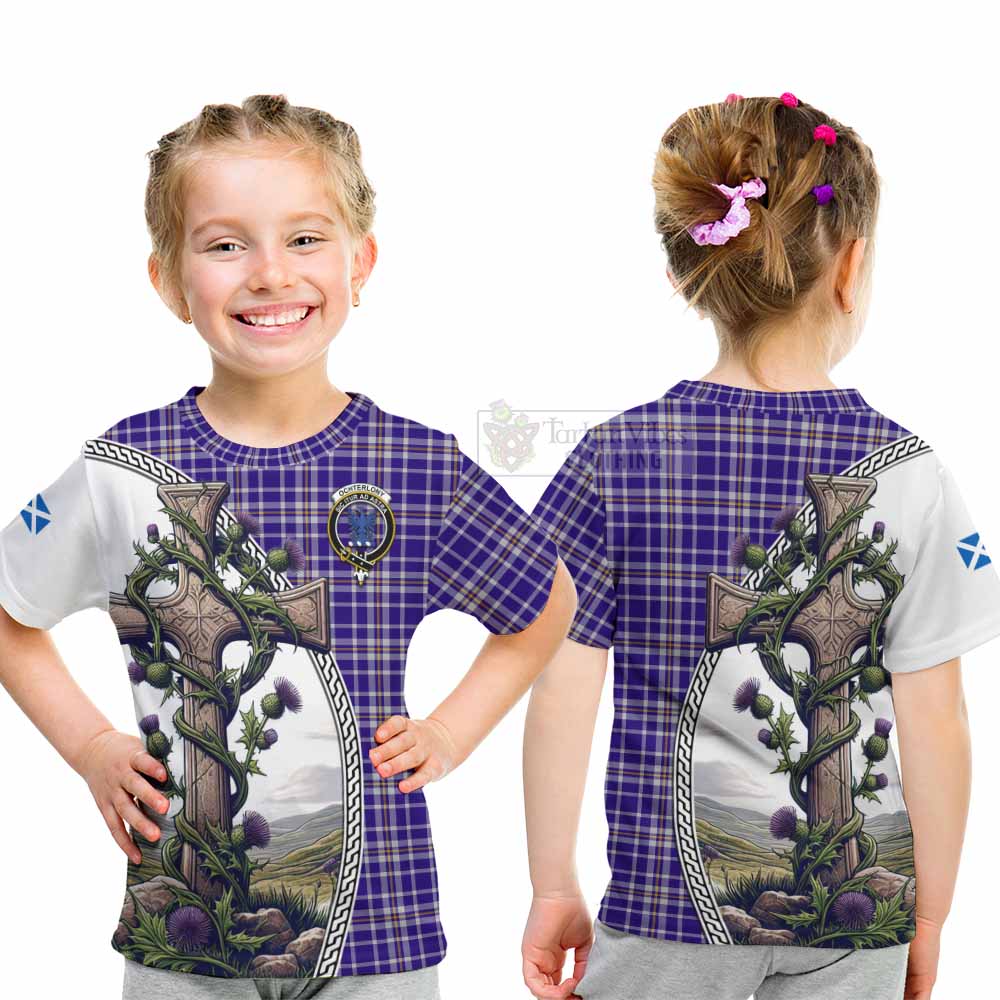 Tartan Vibes Clothing Ochterlony Tartan Kid T-Shirt with Family Crest and St. Andrew's Cross Accented by Thistle Vines