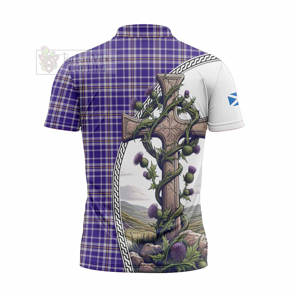 Tartan Vibes Clothing Ochterlony Tartan Zipper Polo Shirt with Family Crest and St. Andrew's Cross Accented by Thistle Vines