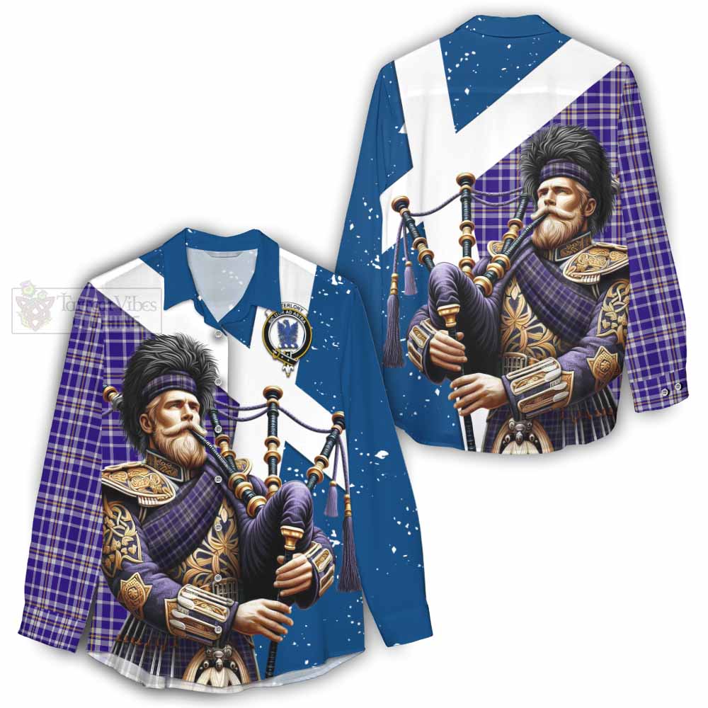 Tartan Vibes Clothing Ochterlony Tartan Women's Casual Shirt with Family Crest Scottish Bagpiper Vibes