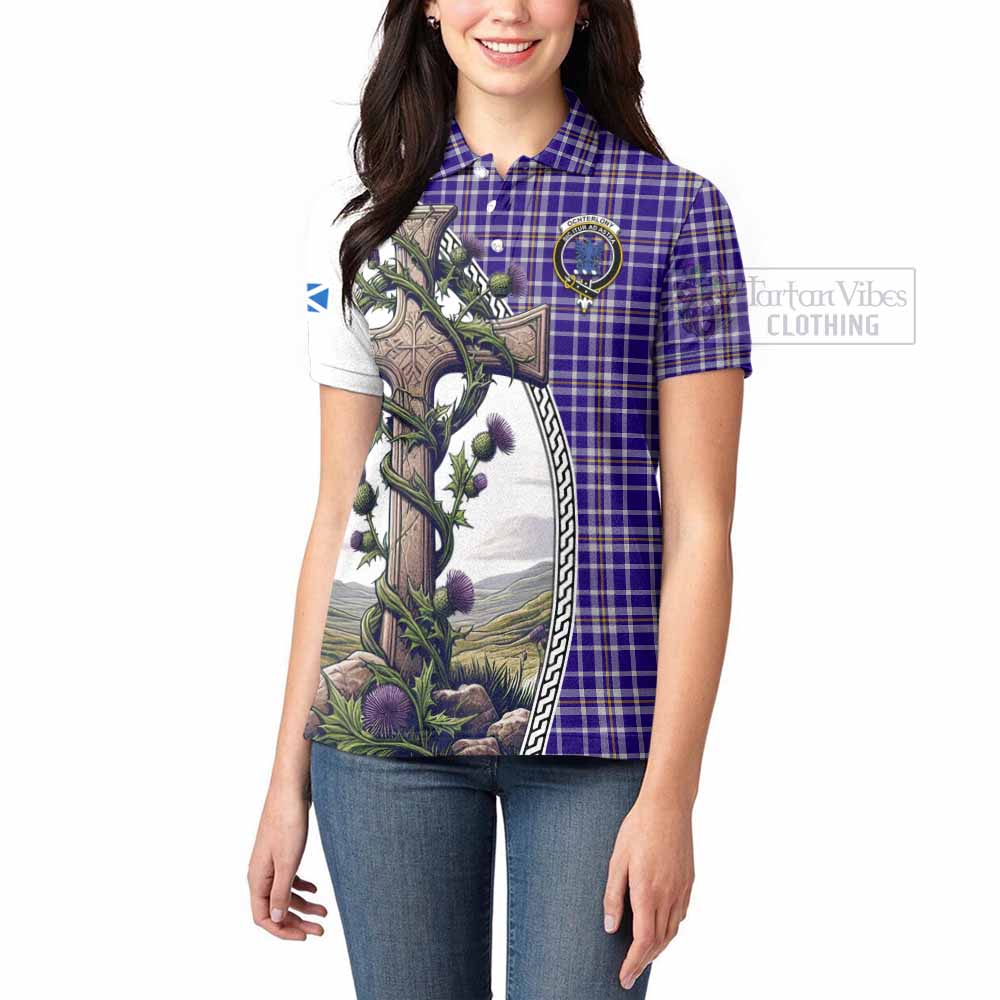 Tartan Vibes Clothing Ochterlony Tartan Women's Polo Shirt with Family Crest and St. Andrew's Cross Accented by Thistle Vines