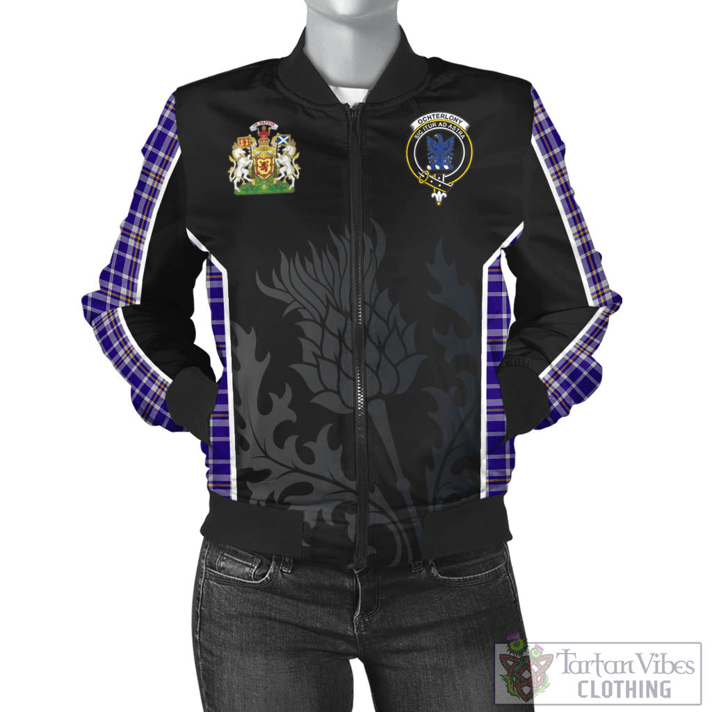 Tartan Vibes Clothing Ochterlony Tartan Bomber Jacket with Family Crest and Scottish Thistle Vibes Sport Style