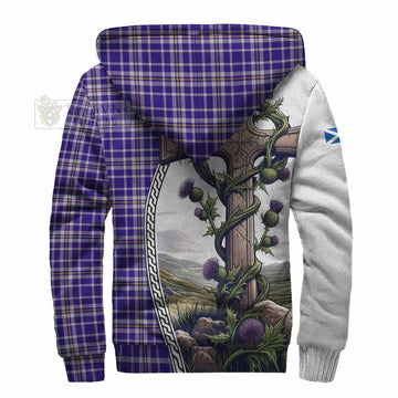 Ochterlony Tartan Sherpa Hoodie with Family Crest and St. Andrew's Cross Accented by Thistle Vines