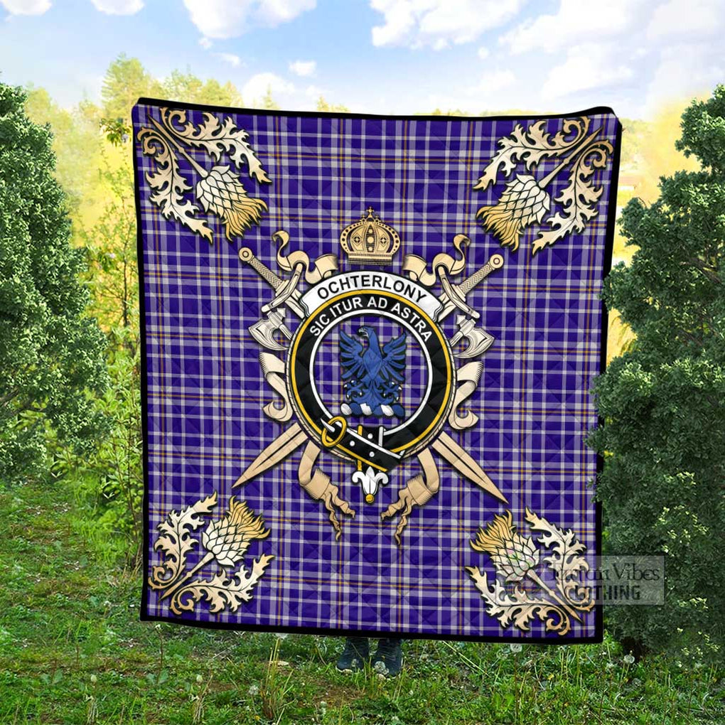 Tartan Vibes Clothing Ochterlony Tartan Quilt with Family Crest and Scottish Golden Courage Shield