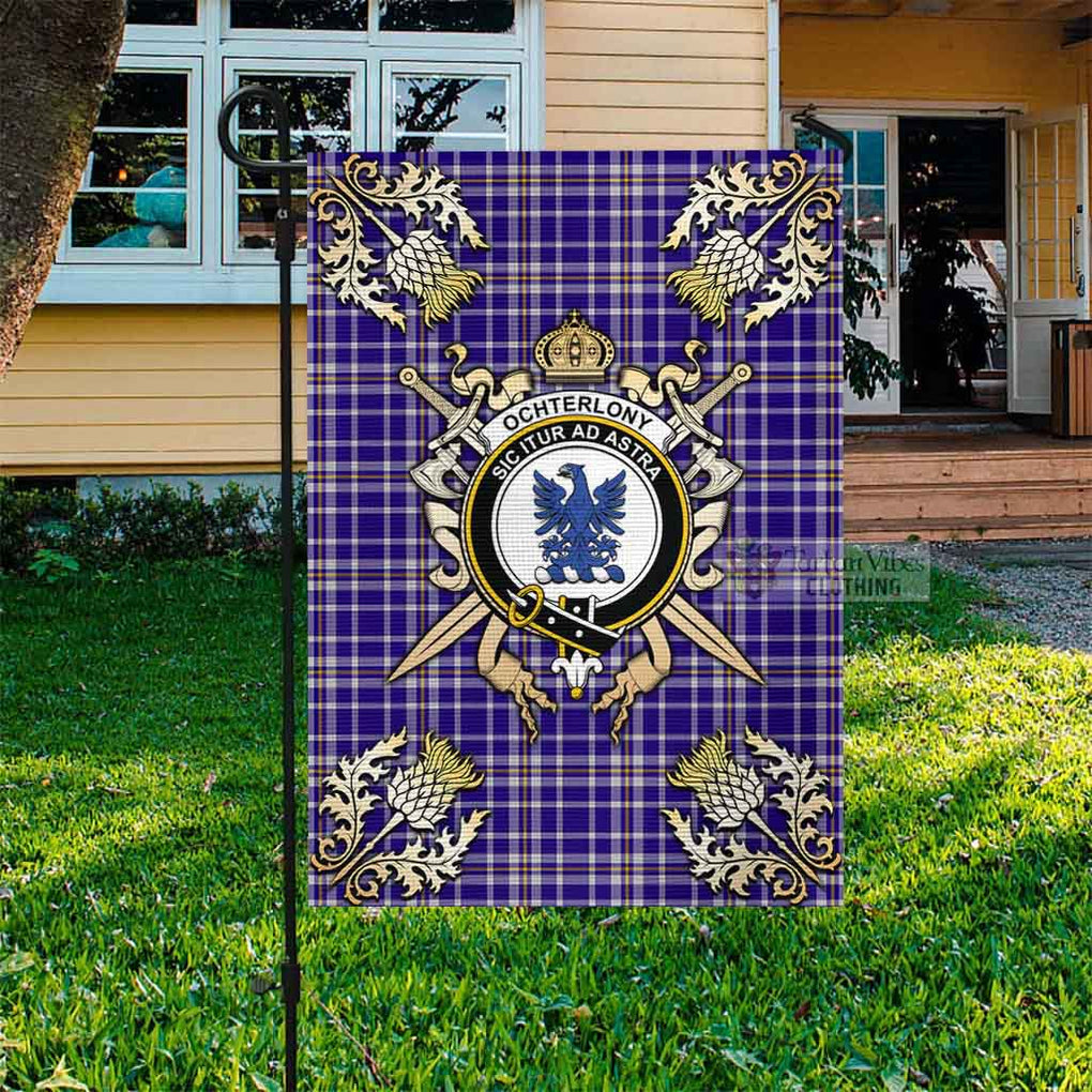 Tartan Vibes Clothing Ochterlony Tartan Flag with Family Crest and Golden Thistle Crossed Sword Design