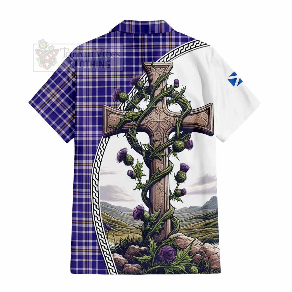 Tartan Vibes Clothing Ochterlony Tartan Short Sleeve Button Shirt with Family Crest and St. Andrew's Cross Accented by Thistle Vines