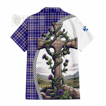 Ochterlony Tartan Short Sleeve Button Shirt with Family Crest and St. Andrew's Cross Accented by Thistle Vines