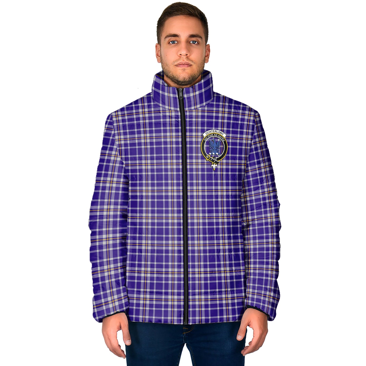 Ochterlony Tartan Padded Jacket with Family Crest - Tartan Vibes Clothing