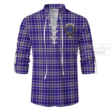 Ochterlony Tartan Ghillie Kilt Shirt with Family Crest and Bearded Skull Holding Bottles of Whiskey