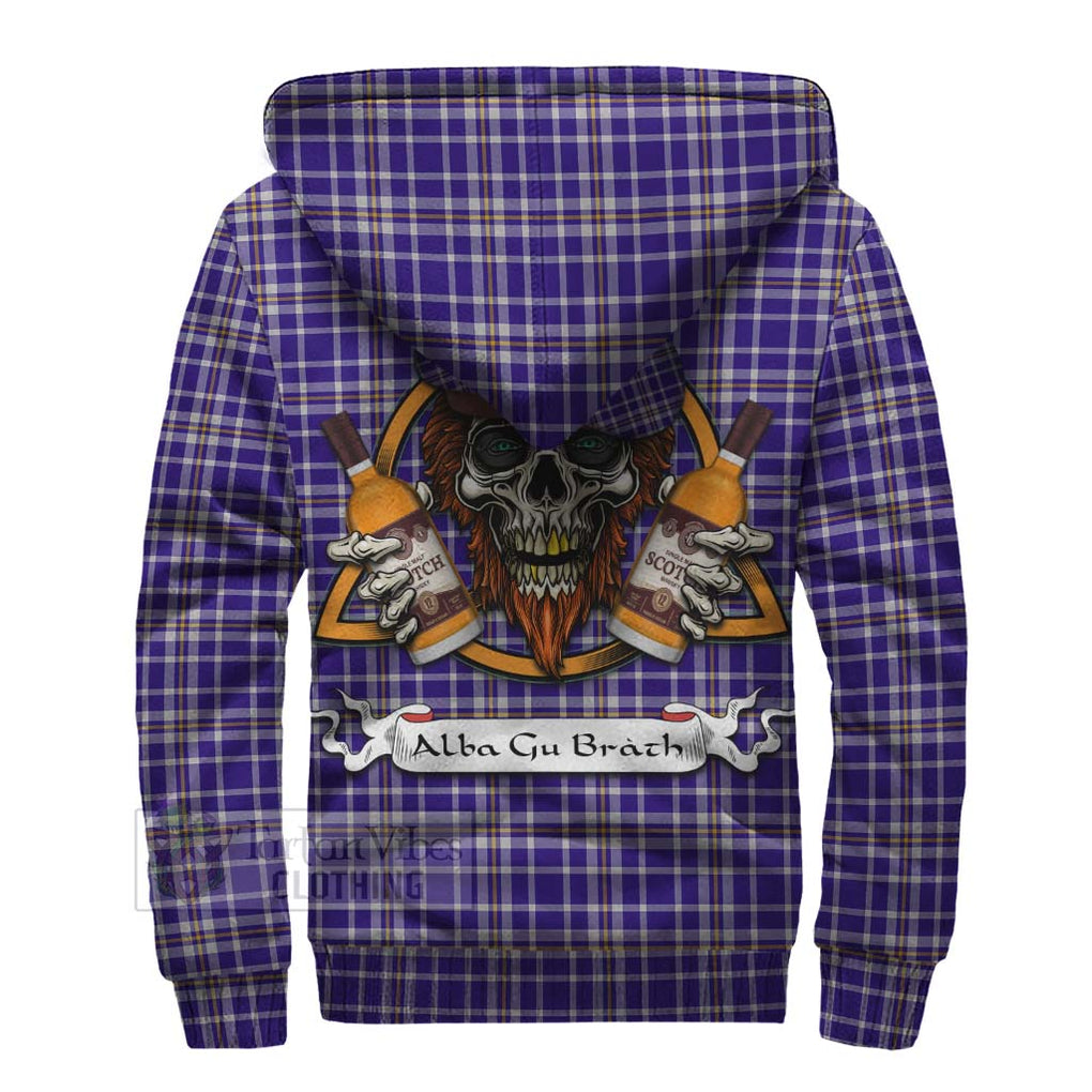 Tartan Vibes Clothing Ochterlony Tartan Sherpa Hoodie with Family Crest and Bearded Skull Holding Bottles of Whiskey