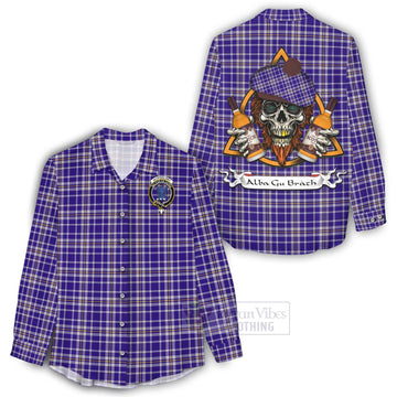 Ochterlony Tartan Women's Casual Shirt with Family Crest and Bearded Skull Holding Bottles of Whiskey