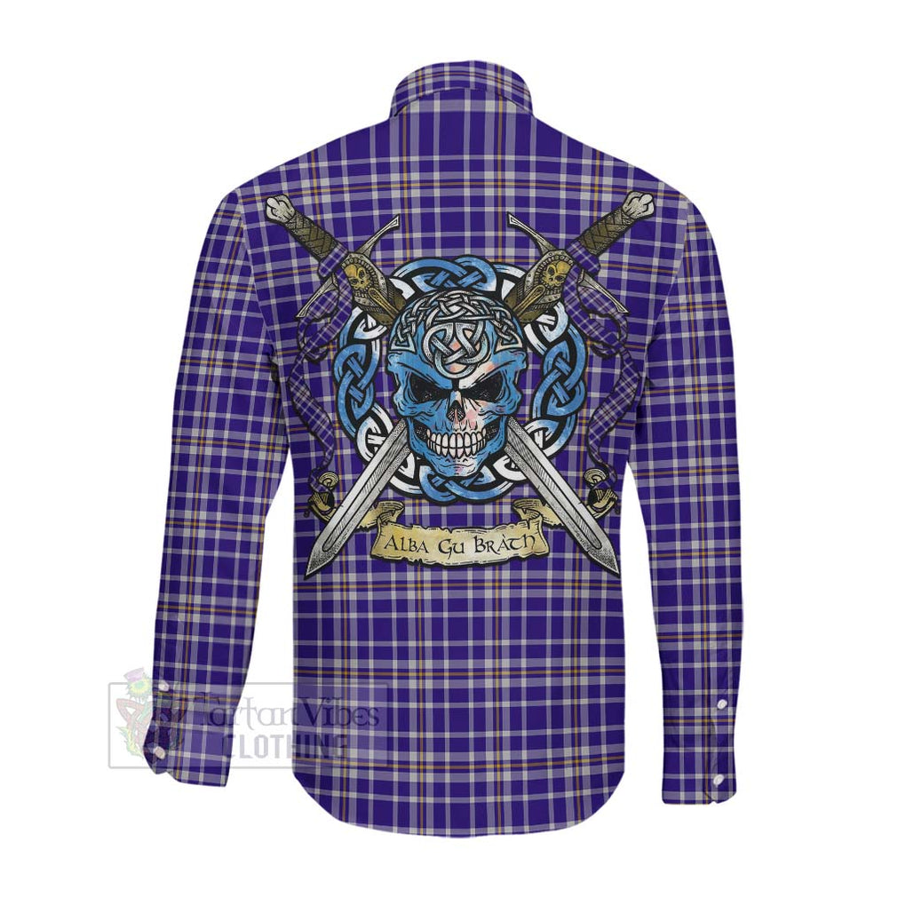 Tartan Vibes Clothing Ochterlony Tartan Long Sleeve Button Shirt with Family Crest Celtic Skull Style