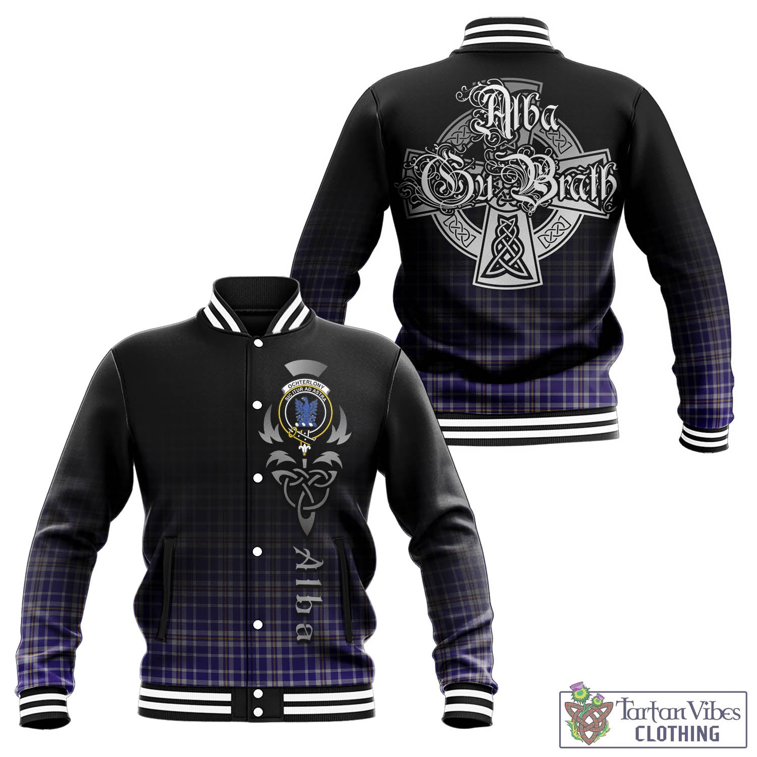 Tartan Vibes Clothing Ochterlony Tartan Baseball Jacket Featuring Alba Gu Brath Family Crest Celtic Inspired