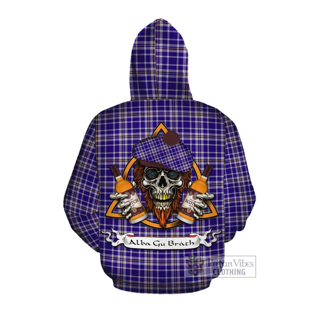 Tartan Vibes Clothing Ochterlony Tartan Cotton Hoodie with Family Crest and Bearded Skull Holding Bottles of Whiskey