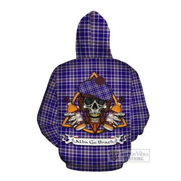 Ochterlony Tartan Cotton Hoodie with Family Crest and Bearded Skull Holding Bottles of Whiskey