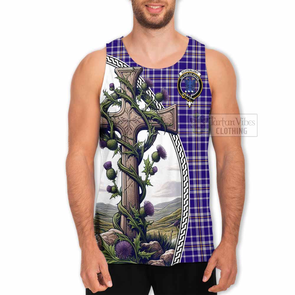 Tartan Vibes Clothing Ochterlony Tartan Men's Tank Top with Family Crest and St. Andrew's Cross Accented by Thistle Vines