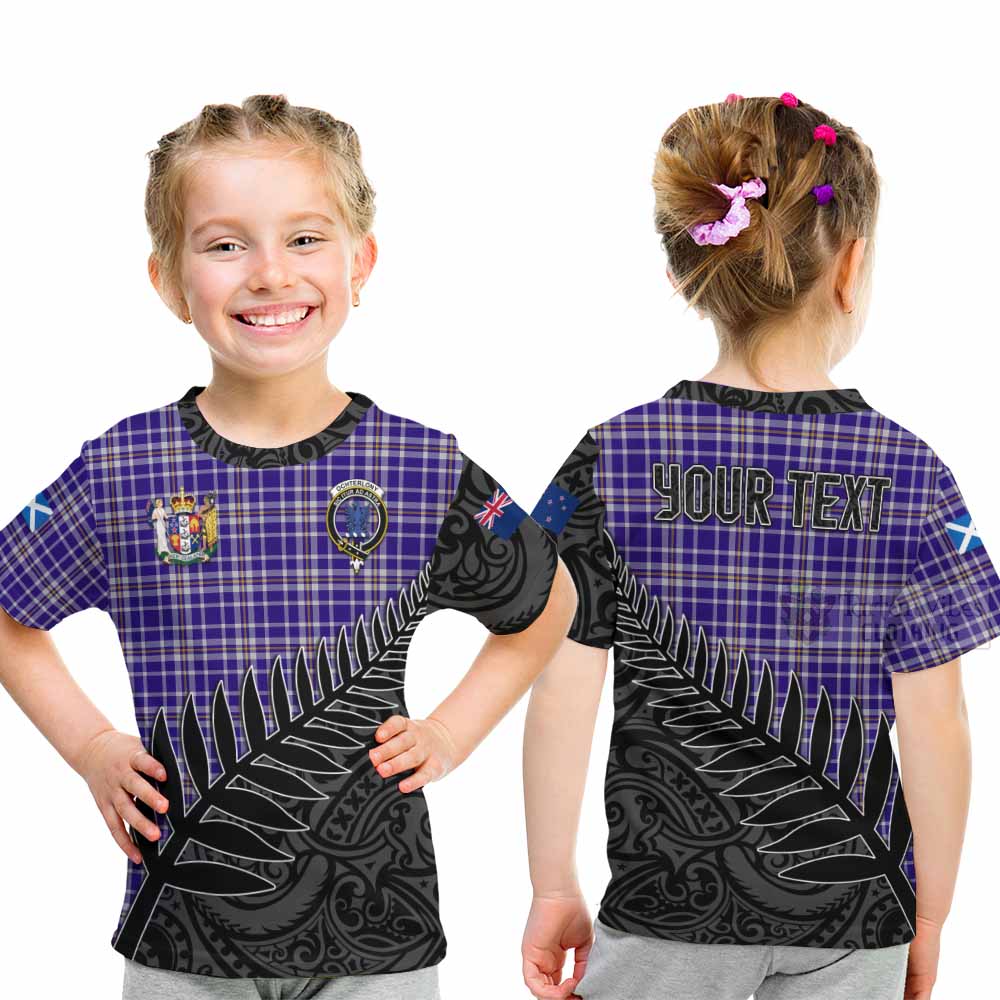 Tartan Vibes Clothing Ochterlony Crest Tartan Kid T-Shirt with New Zealand Silver Fern Half Style