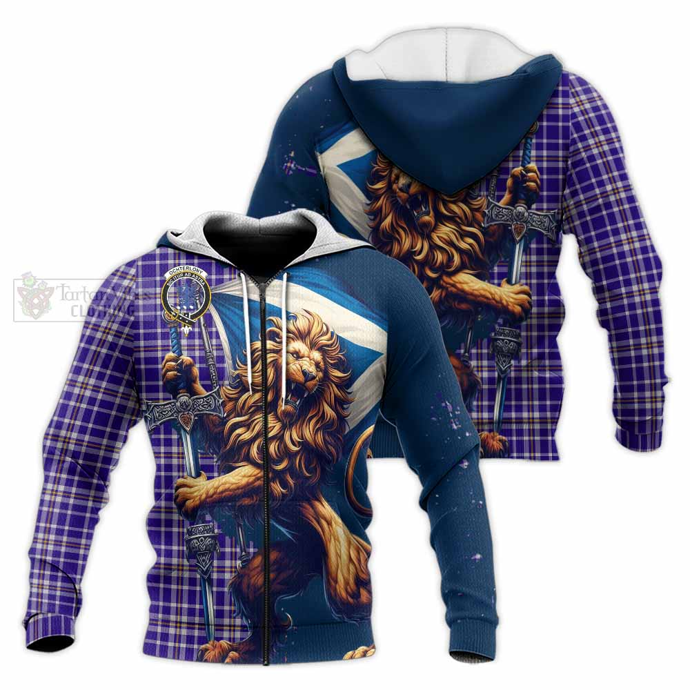 Tartan Vibes Clothing Ochterlony Tartan Family Crest Knitted Hoodie with Scottish Majestic Lion