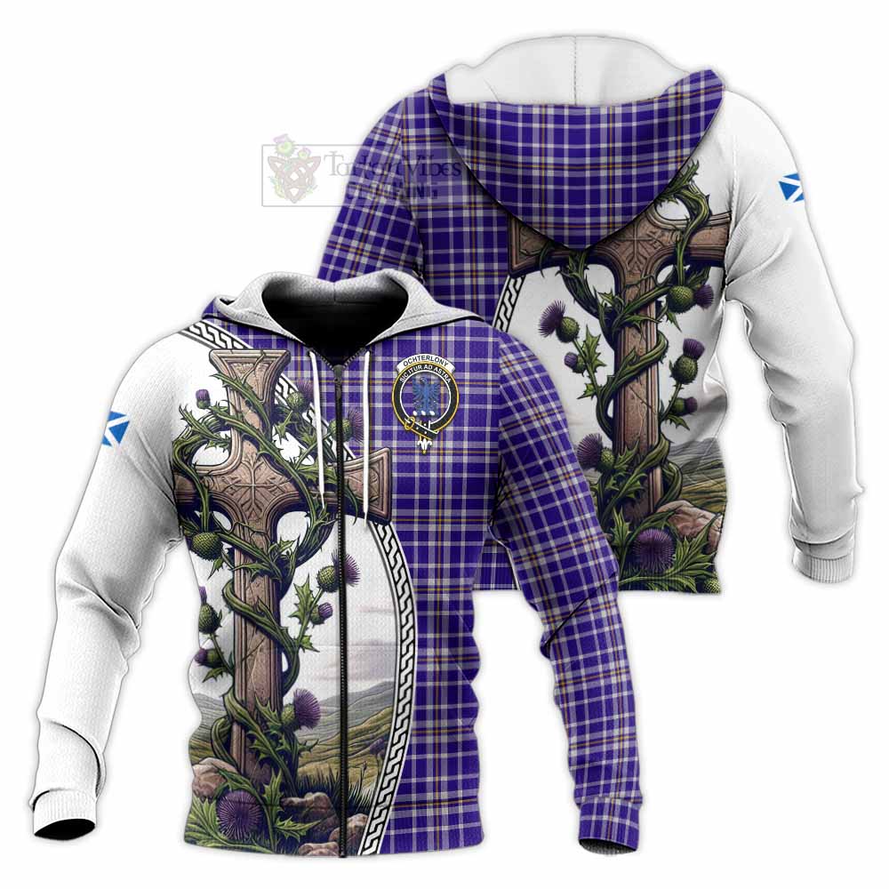 Tartan Vibes Clothing Ochterlony Tartan Knitted Hoodie with Family Crest and St. Andrew's Cross Accented by Thistle Vines