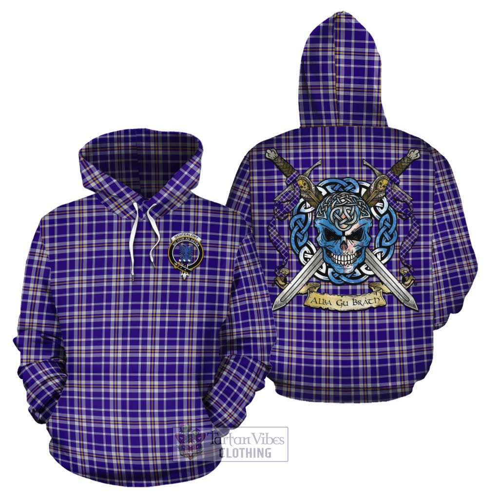 Tartan Vibes Clothing Ochterlony Tartan Cotton Hoodie with Family Crest Celtic Skull Style