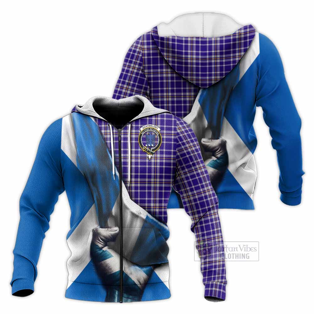 Tartan Vibes Clothing Ochterlony Tartan Knitted Hoodie with Family Crest Scotland Patriotic Style