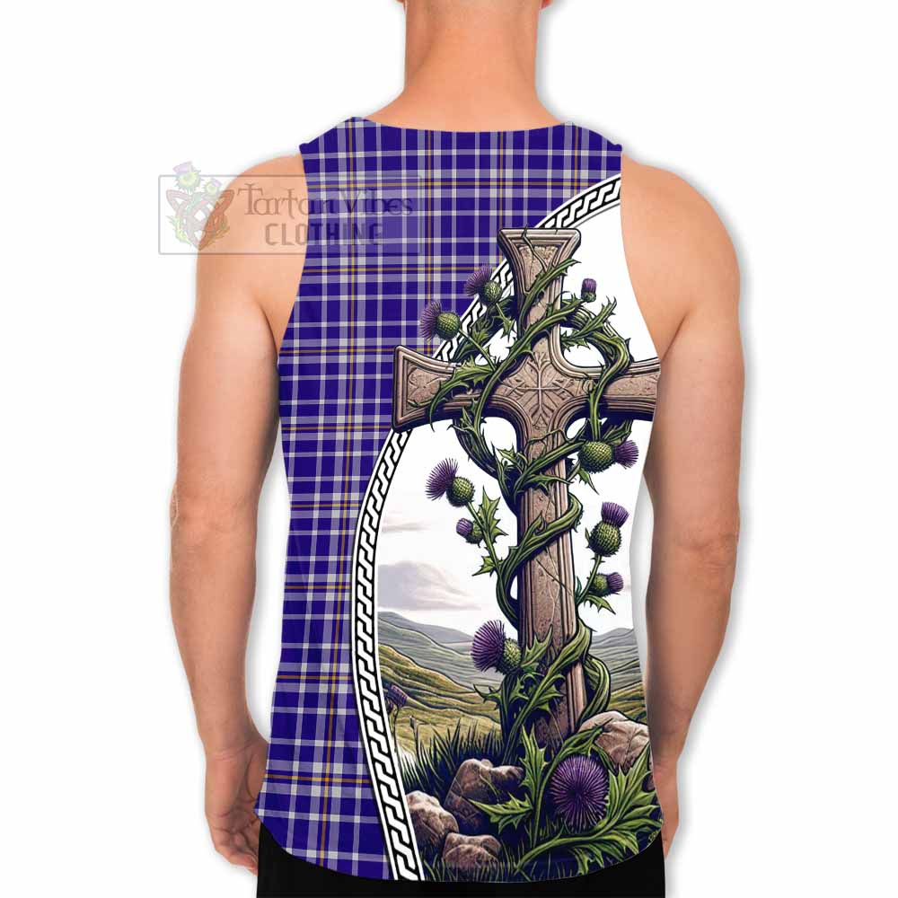 Tartan Vibes Clothing Ochterlony Tartan Men's Tank Top with Family Crest and St. Andrew's Cross Accented by Thistle Vines