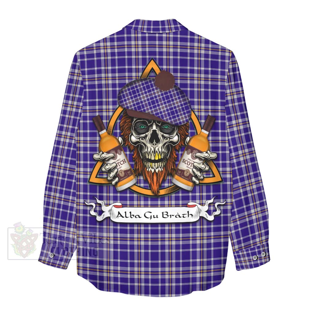 Tartan Vibes Clothing Ochterlony Tartan Women's Casual Shirt with Family Crest and Bearded Skull Holding Bottles of Whiskey