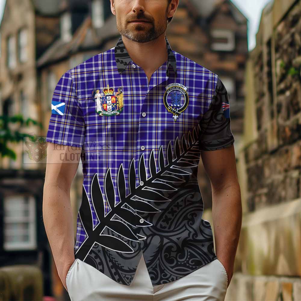 Tartan Vibes Clothing Ochterlony Crest Tartan Short Sleeve Button Shirt with New Zealand Silver Fern Half Style