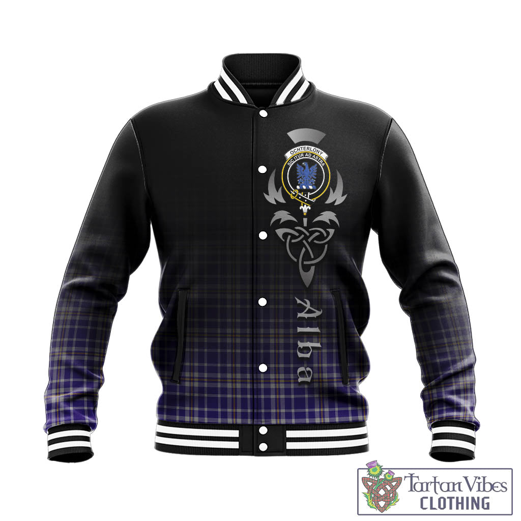 Tartan Vibes Clothing Ochterlony Tartan Baseball Jacket Featuring Alba Gu Brath Family Crest Celtic Inspired